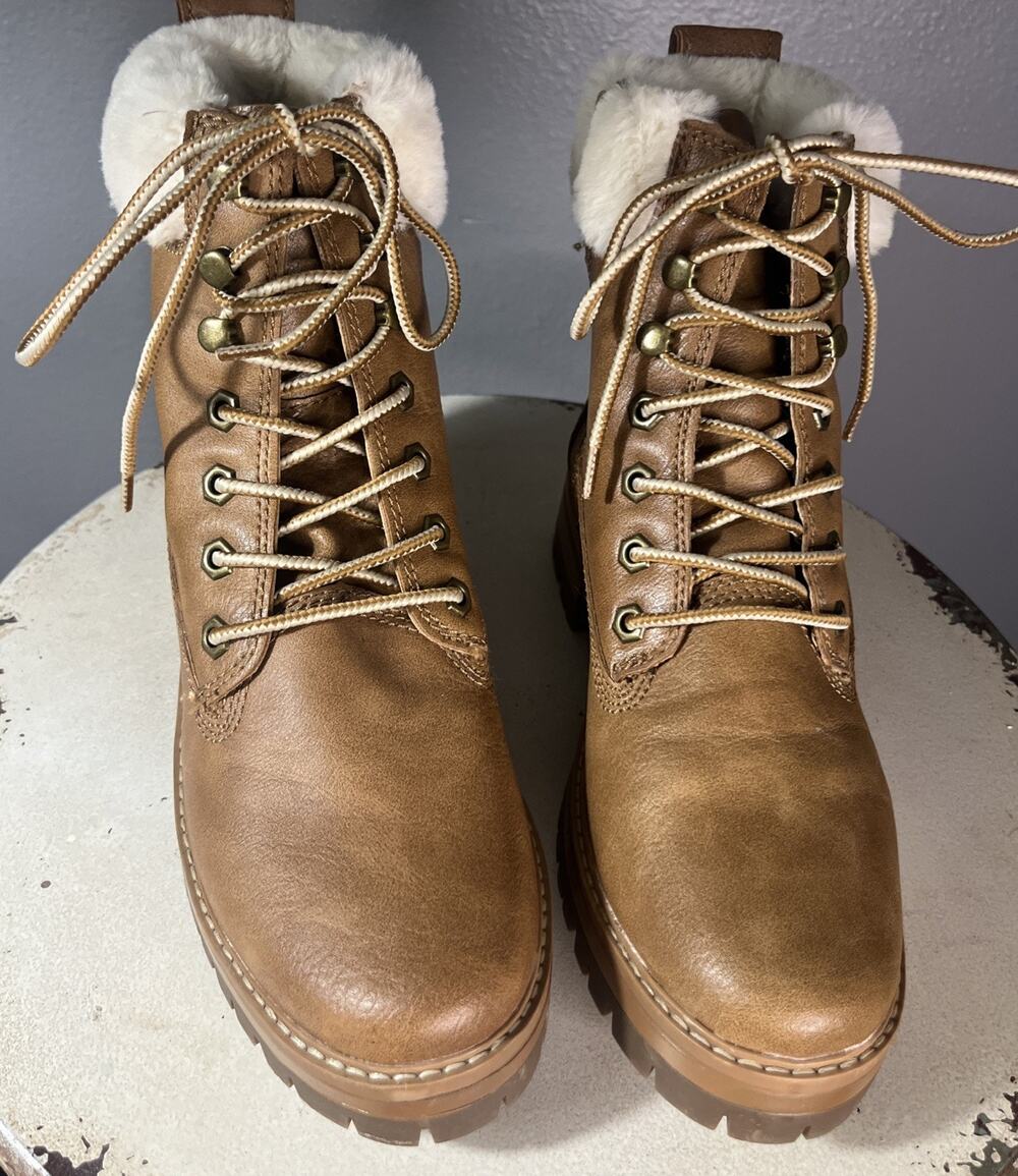 Madden Girl Ankle Booties Women Size 8 Cognac Brown Faux Fur Zip Tie Booties